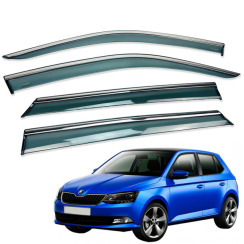Вітровики для Skoda Fabia 2014-2021 (на скотчі) з хром молдингом (HAWK)